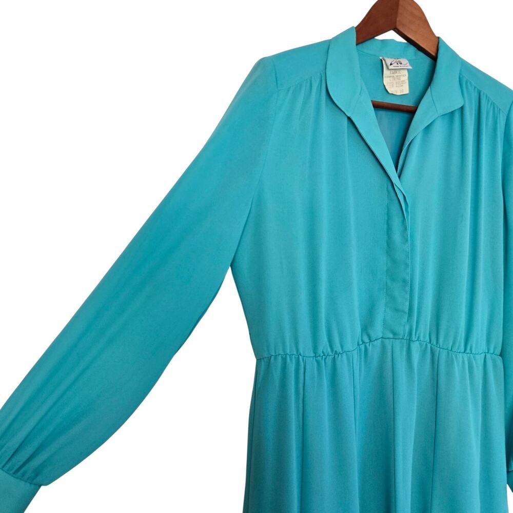 1980s Vintage Turquoise Chiffon Secretary Dress Sheer Bishop Sleeve USA Size 10 - Picture 3 of 10